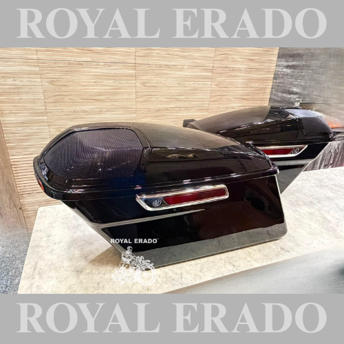 Harley Davidson Road Glide side pannier boxes with speaker slot can also be fitted to Fat Boy Harley Street 750, 883, 48, and Royal Enfield Super Meteor 650, Meteor 350, Classic Reborn ( speakers not included )