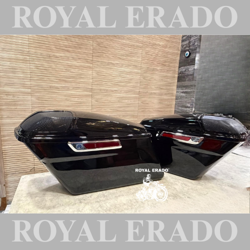 Harley Davidson Road Glide side pannier boxes with speaker slot can also be fitted to Fat Boy Harley Street 750, 883, 48, and Royal Enfield Super Meteor 650, Meteor 350, Classic Reborn ( speakers not included )