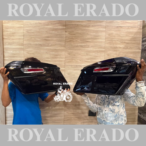 Harley Davidson Road Glide side pannier boxes with speaker slot can also be fitted to Fat Boy Harley Street 750, 883, 48, and Royal Enfield Super Meteor 650, Meteor 350, Classic Reborn ( speakers not included )
