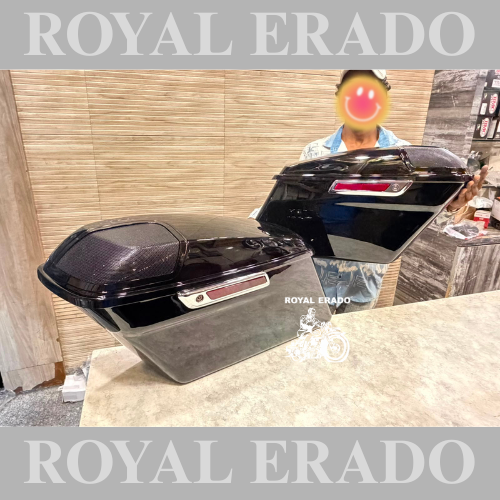 Harley Davidson Road Glide side pannier boxes with speaker slot can also be fitted to Fat Boy Harley Street 750, 883, 48, and Royal Enfield Super Meteor 650, Meteor 350, Classic Reborn ( speakers not included )