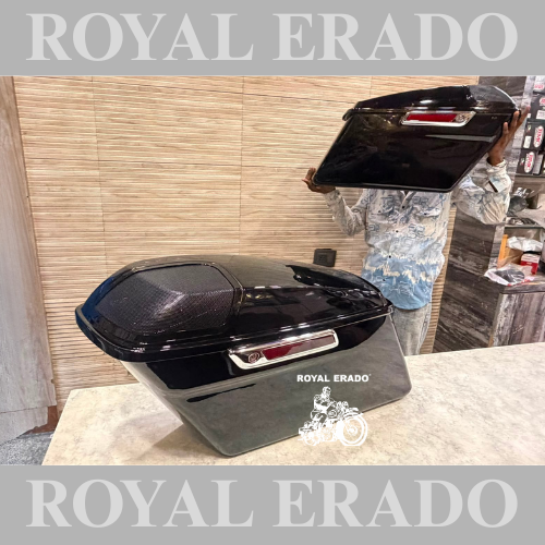 Harley Davidson Road Glide side pannier boxes with speaker slot can also be fitted to Fat Boy Harley Street 750, 883, 48, and Royal Enfield Super Meteor 650, Meteor 350, Classic Reborn ( speakers not included )