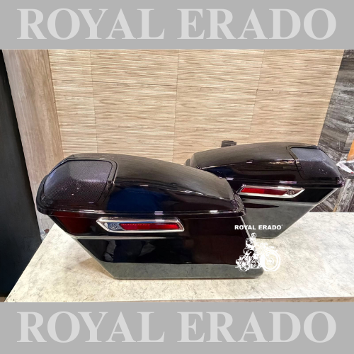 Harley Davidson Road Glide side pannier boxes with speaker slot can also be fitted to Fat Boy Harley Street 750, 883, 48, and Royal Enfield Super Meteor 650, Meteor 350, Classic Reborn ( speakers not included )