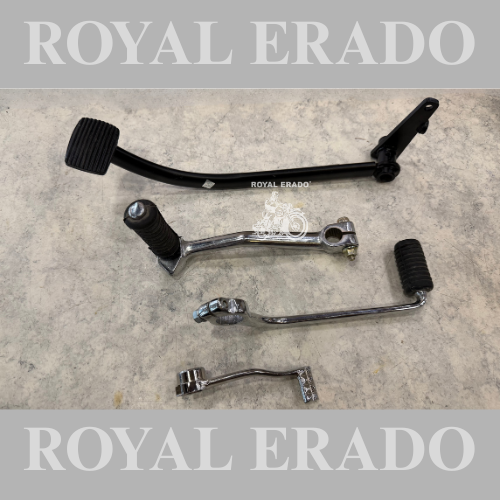 Royal Enfield old model cast-iron engine brake pedal, black; gear lever, neutral lever, and kick lever in chrome for a 4-speed bike, Standard and Electra, in black.