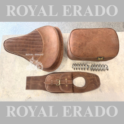 Royal Enfield brown leather seat with cover, tank tidy tank bag vintage G2 1962 old model style for Classic Electra Standard.