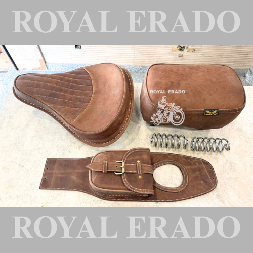 Royal Enfield brown leather seat with cover, tank tidy tank bag vintage G2 1962 old model style for Classic Electra Standard.