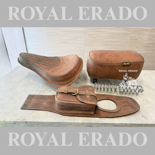 Royal Enfield brown leather seat with cover, tank tidy tank bag vintage G2 1962 old model style for Classic Electra Standard.