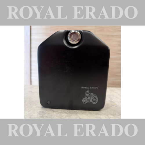 Royal Enfield old model Standard Electra cast iron engine, CI engine, 12 volt battery cover with stand in black.