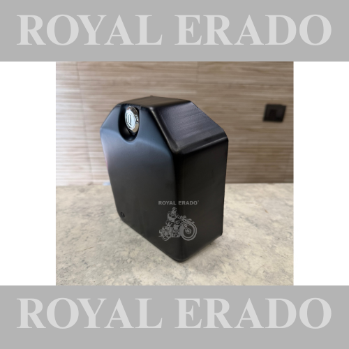 Royal Enfield old model Standard Electra cast iron engine, CI engine, 12 volt battery cover with stand in black.