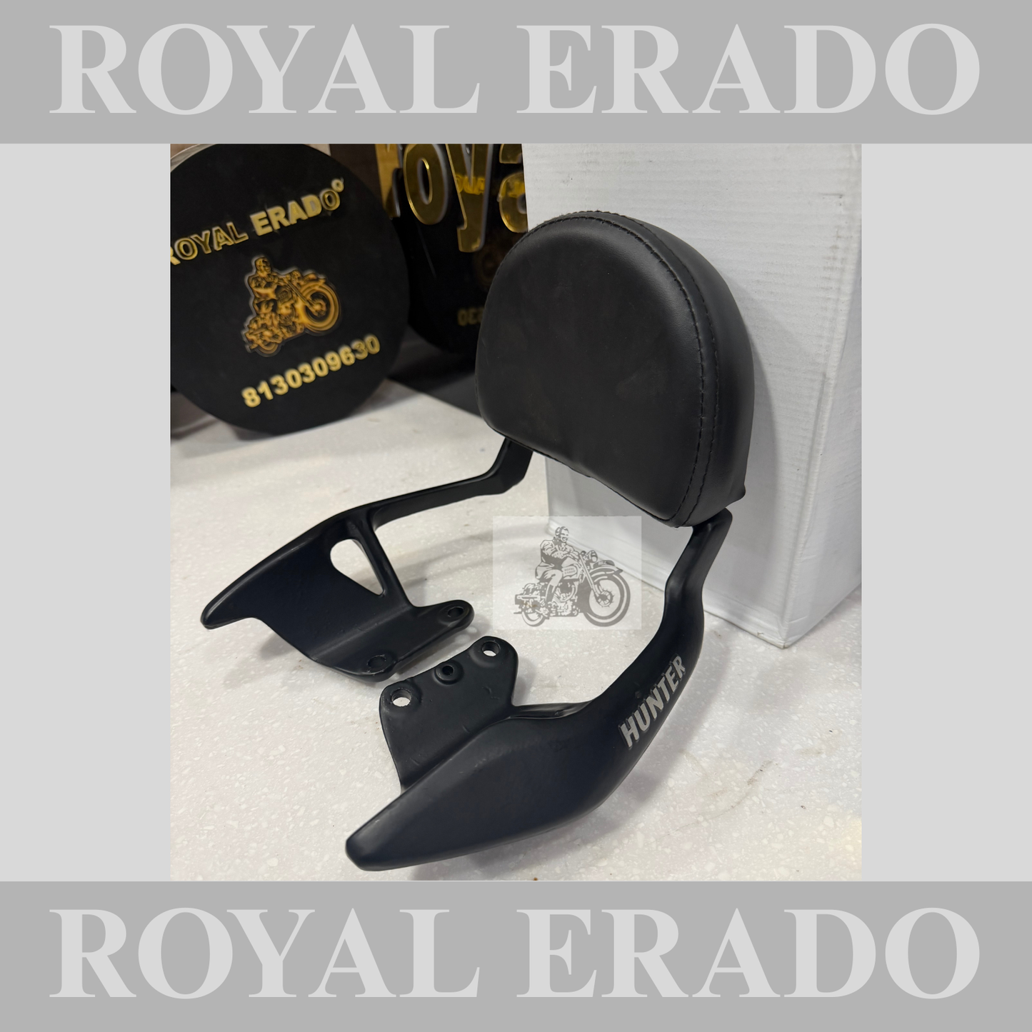 Royal Enfield Hunter 350 backrest in black with cushion and in aluminium