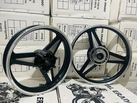 ROYAL ERADO DIAMOND MERCEDES CNC BLACK Alloy wheel for Royal Enfield reborn classic double disc and new standard battalion after 2022 model ( front 19” disc & rear disc 18” )