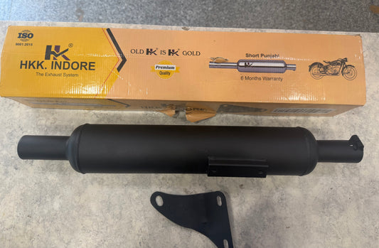 Hk Indore company small Punjab silencer free flow exhaust in black , (can fit your old heat plate on it ) for reborn classic and battalion new standard