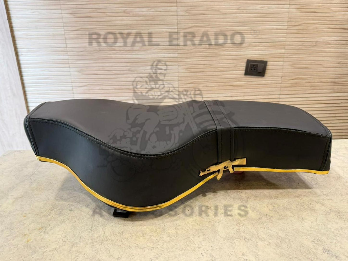 Vintage G2 1962 Old Model Bullet 350 Style Indore Seat With Golden Beading & Brass Gun Ak-47 Logo Royal Enfield For Classic Electra Standard