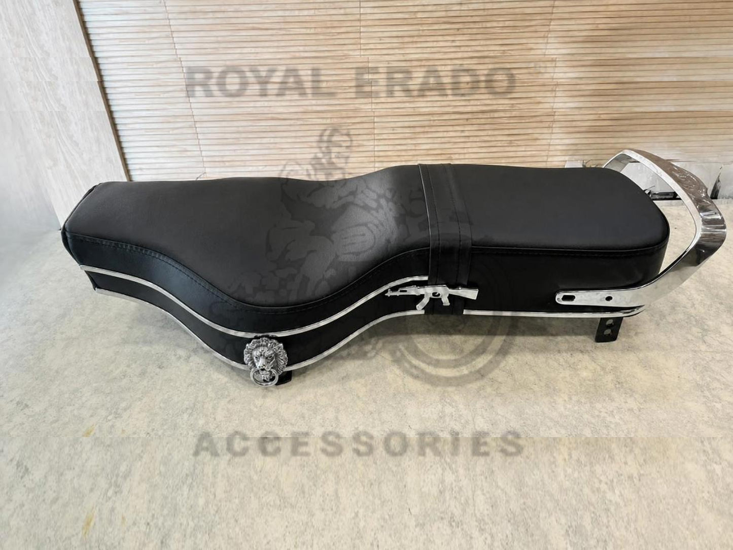 Royal Enfield Seat With Chrome Lion & Ak-47 Rifle Gun Logo, Chrome Seat Handle & Chrome Plastic Beading For The Classic Electra Standard Vintage G2 1962 Old-model Bullet 350.