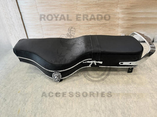 Royal Enfield Seat With Chrome Lion & Ak-47 Rifle Gun Logo, Chrome Seat Handle & Chrome Plastic Beading For The Classic Electra Standard Vintage G2 1962 Old-model Bullet 350.
