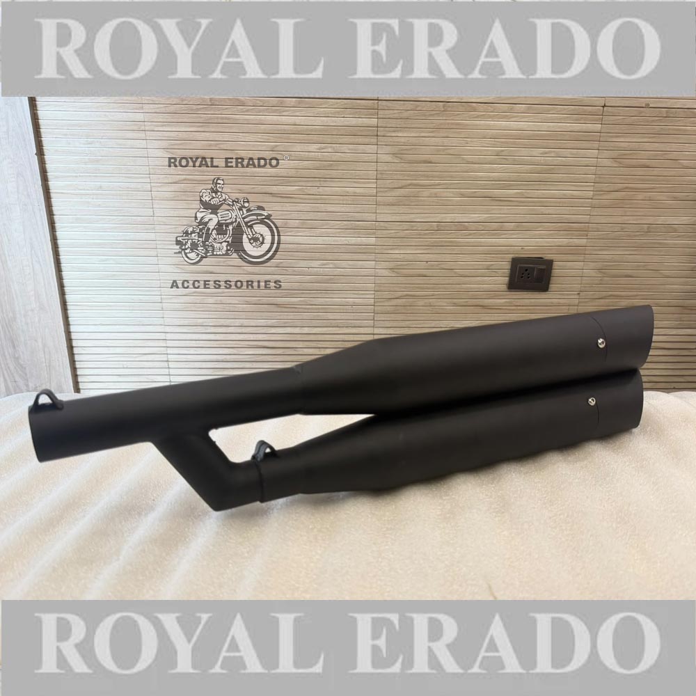 Royal enfield black double silencer with glass wool gives base sound for classic electra standard thunderbird reborn classic , new battalion standard