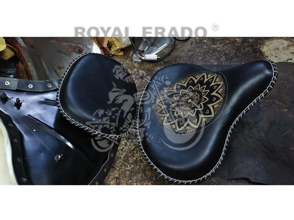 Royal Enfield Harley-style Vintage G2 1962 Old Model Bullet 350 Kabir Singh Style Black Leather Engraved Embossed Front Solo Seat With Backrest (Arjun Ready Seat) For Classic Electra Standard