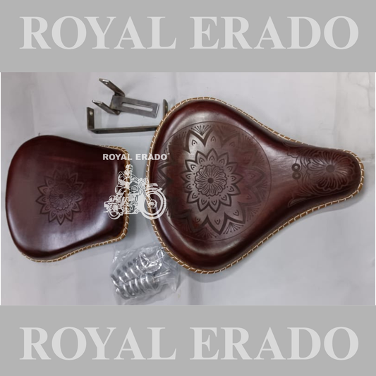 Royal Enfield vintage style Kabir Singh Engraved embossed design leather seat tan brown with spring old style g2 for Reborn Classic.
