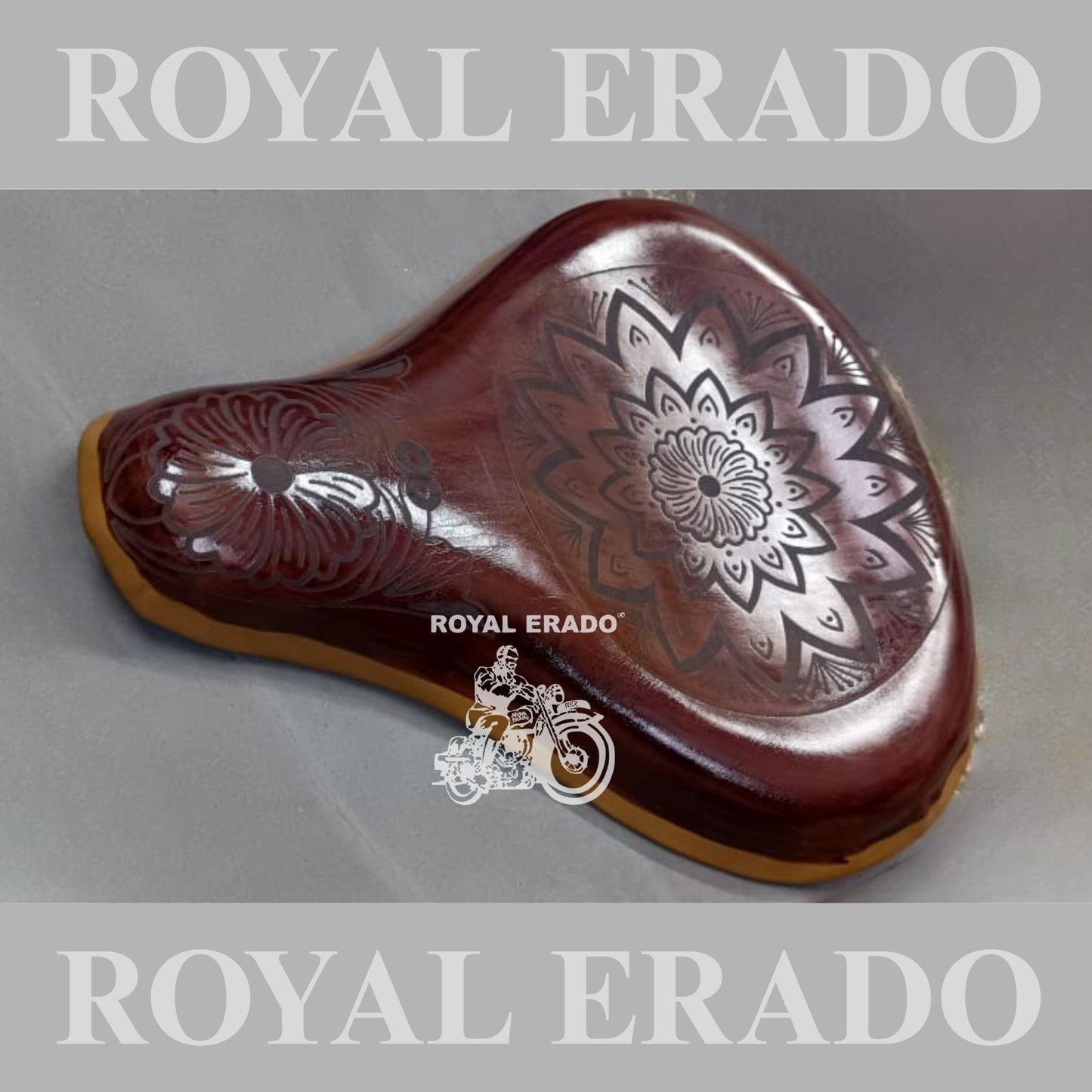 Royal Enfield vintage style Kabir Singh Engraved embossed design leather seat tan brown with spring old style g2 for Reborn Classic.