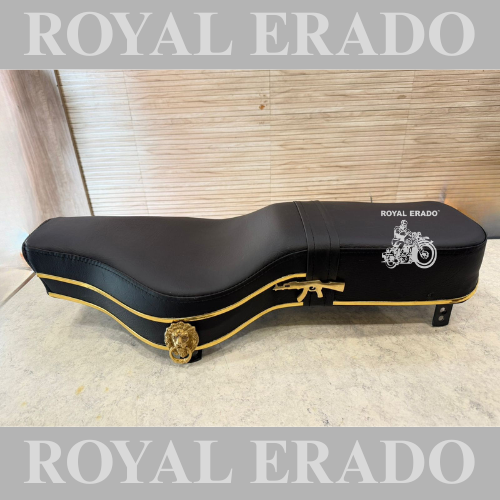 Royal Enfield seat with brass lion and brass AK-47 rifle gun logo, and golden plastic beading, New standard Battalion and reborn classic.