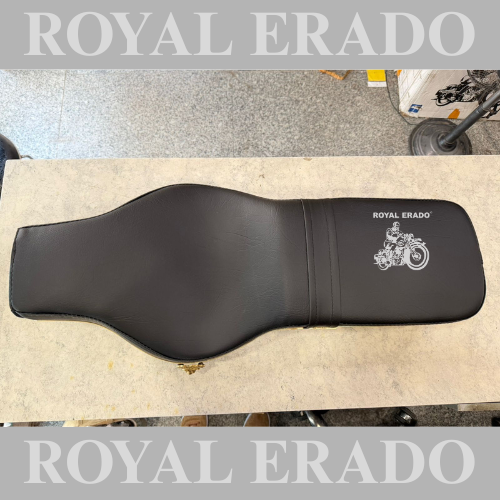 Royal Enfield seat with brass lion and brass AK-47 rifle gun logo, and golden plastic beading for classic Electra Standard Battalion reborn classic and vintage G2 1962 old model bullet 350.