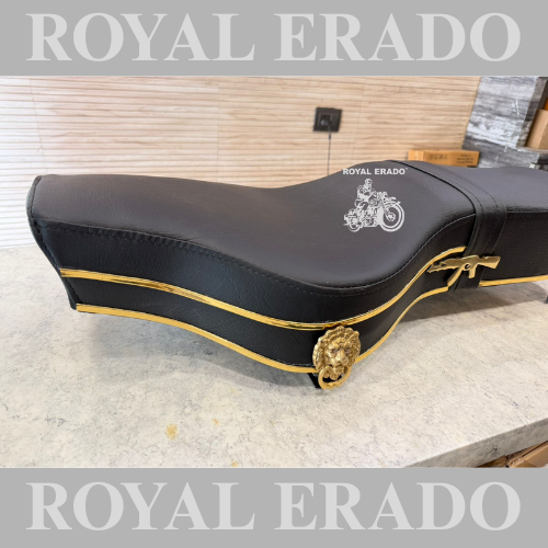 Royal Enfield seat with brass lion and brass AK-47 rifle gun logo, and golden plastic beading for classic Electra Standard Battalion reborn classic and vintage G2 1962 old model bullet 350.