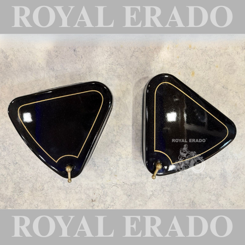 Royal Enfield flat tool box in black with golden lining with brass flower nut for vintage G2 1962 old model Bullet 350 Standard cast iron engine ci engine.