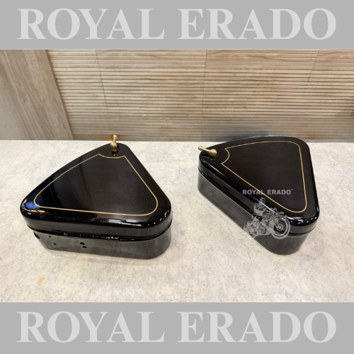 Royal Enfield flat tool box in black with golden lining with brass flower nut for vintage G2 1962 old model Bullet 350 Standard cast iron engine ci engine.