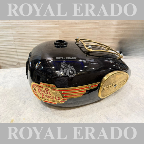 Royal Enfield Classic Electra Standard BS-3 BS-4 black tank with brass grill, brass monograms, and brass knee pads in 18 to 20 litres.