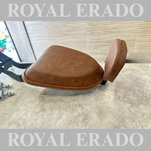Jawa Perak rear seat complete with footrest and backrest in brown colour.