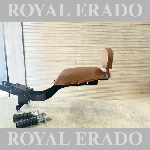 Jawa Perak rear seat complete with footrest and backrest in brown colour.