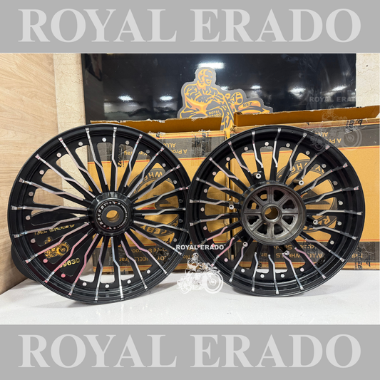 Raceby Kingway 22 spoke harley design Black Alloy wheel for Royal Enfield  reborn classic single disc and new standard battalion after 2022 model ( front 19” disc & rear drum 18” )
