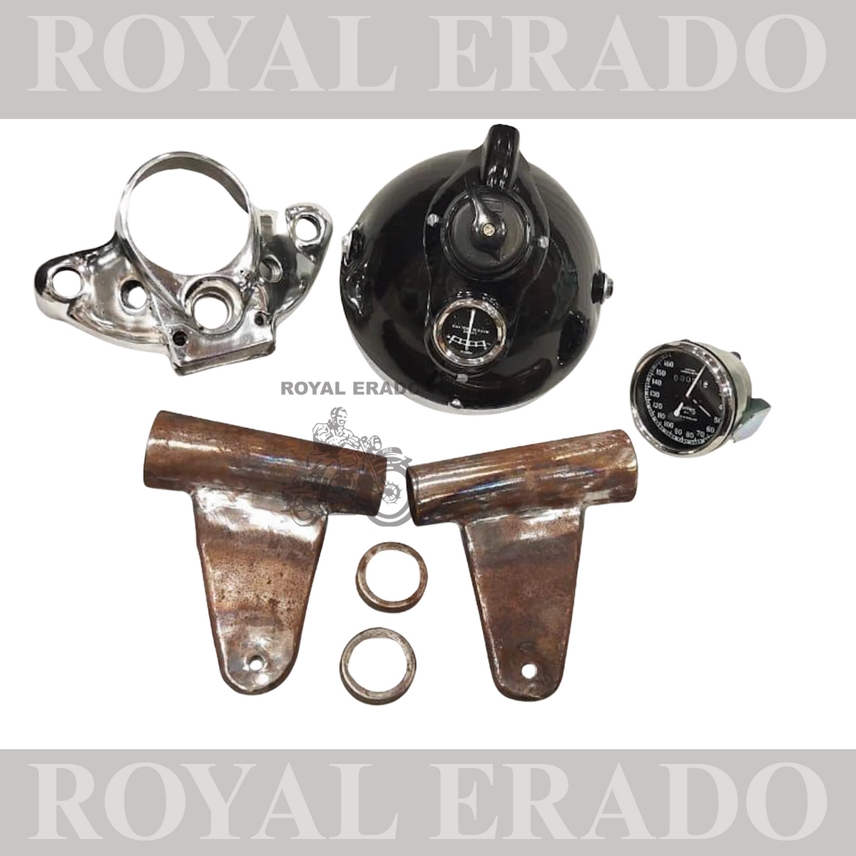 NEW ROYAL ENFIELD 1962 MODEL G2 LUCAS VINTAGE OLD MODEL TYPE HEADLIGHT ASSEMBLY RAW  WITH HEAD LIGHT 7" , METER , HADNLE YOKE /BRACKET , HEAD LIGHT KAAN BRACKET