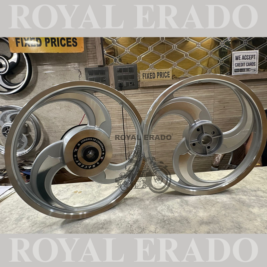 Kingway Raceby company 3 spoke 3S Talwar CNC silver alloy wheel Royal Enfield Standard big drum after 2010 model (front 19” drum and rear 19” drum)