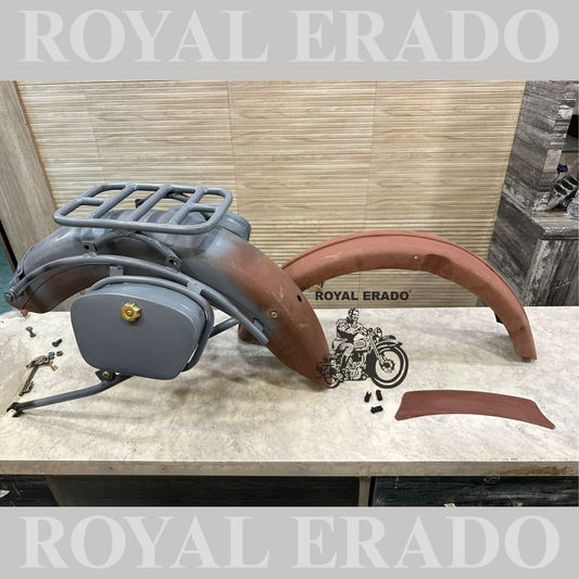Royal Enfield complete vintage g2 1962 old model kit with g2 indori mudguards , rear pillion seat carrier and rear stay tool boxes