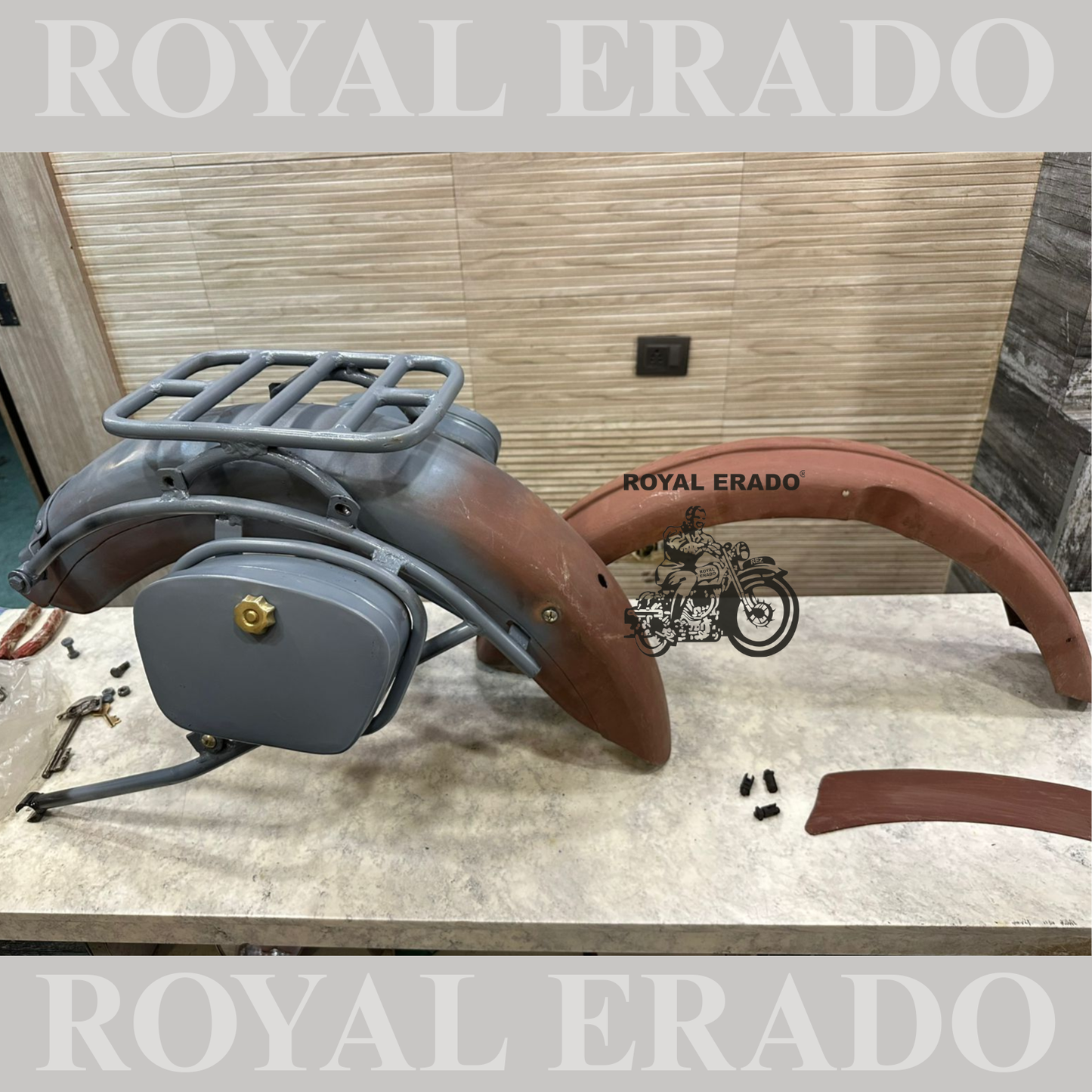 Royal Enfield complete vintage g2 1962 old model kit with g2 indori mudguards , rear pillion seat carrier and rear stay tool boxes