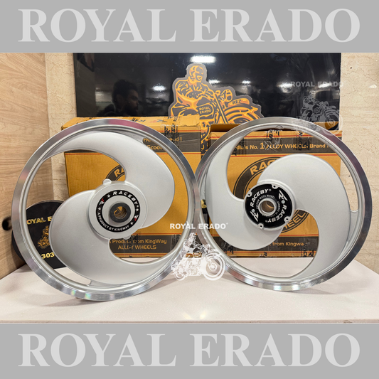 Kingway / Raceby 2s 2 spoke broad S Silver Alloy wheel for Royal Enfield classic single disc and standard 500cc ( front 19” disc & rear drum 18” )