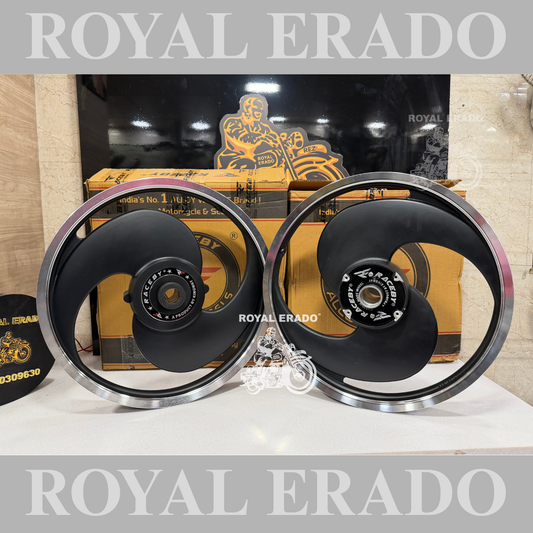Kingway / Raceby 2s 2 spoke broad S Black Alloy wheel for Royal Enfield classic single disc and standard 500cc ( front 19” disc & rear drum 18” )