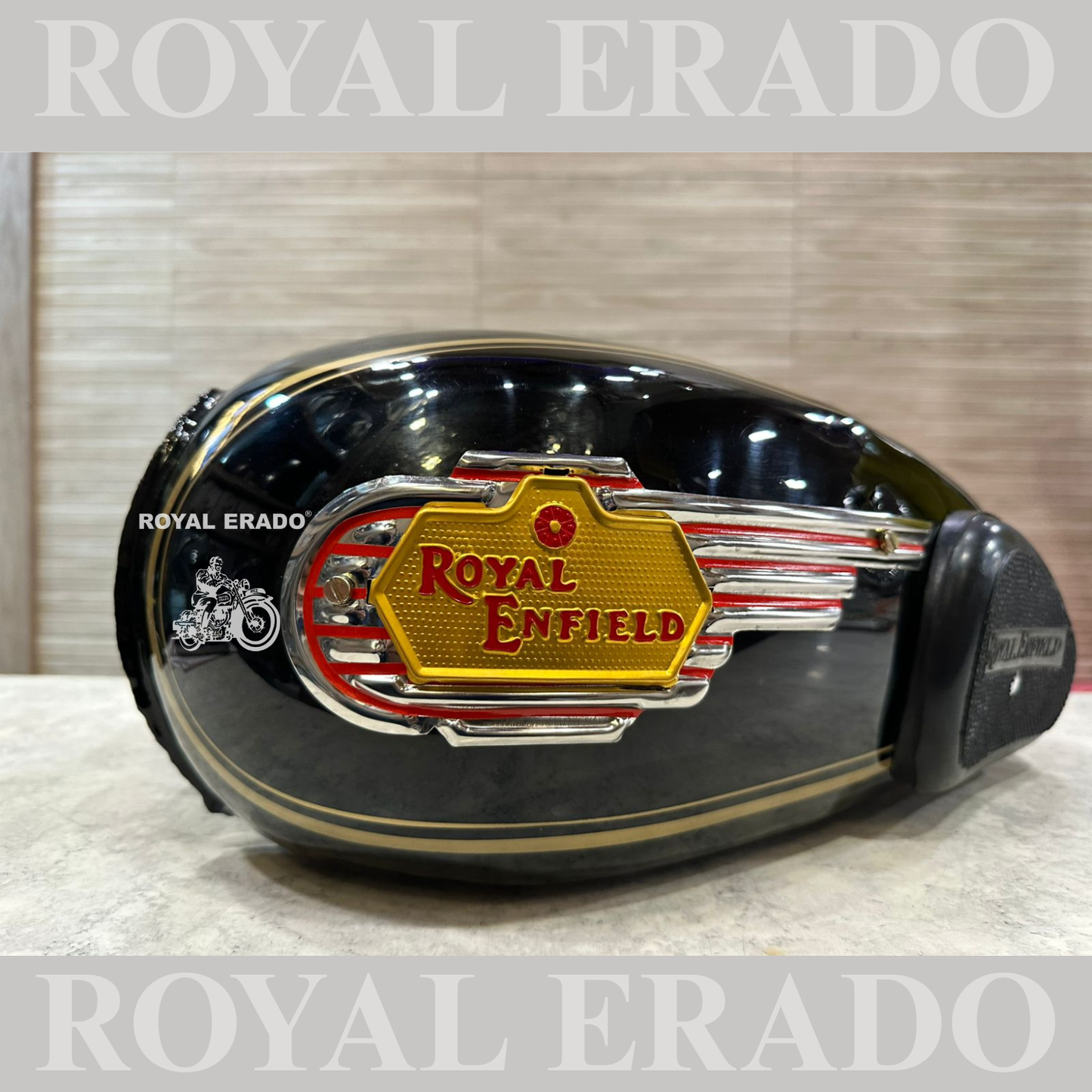Royal Enfield bullet Classic Electra and Standard tank with Monogram and knee pad in black with golden lining in paint.