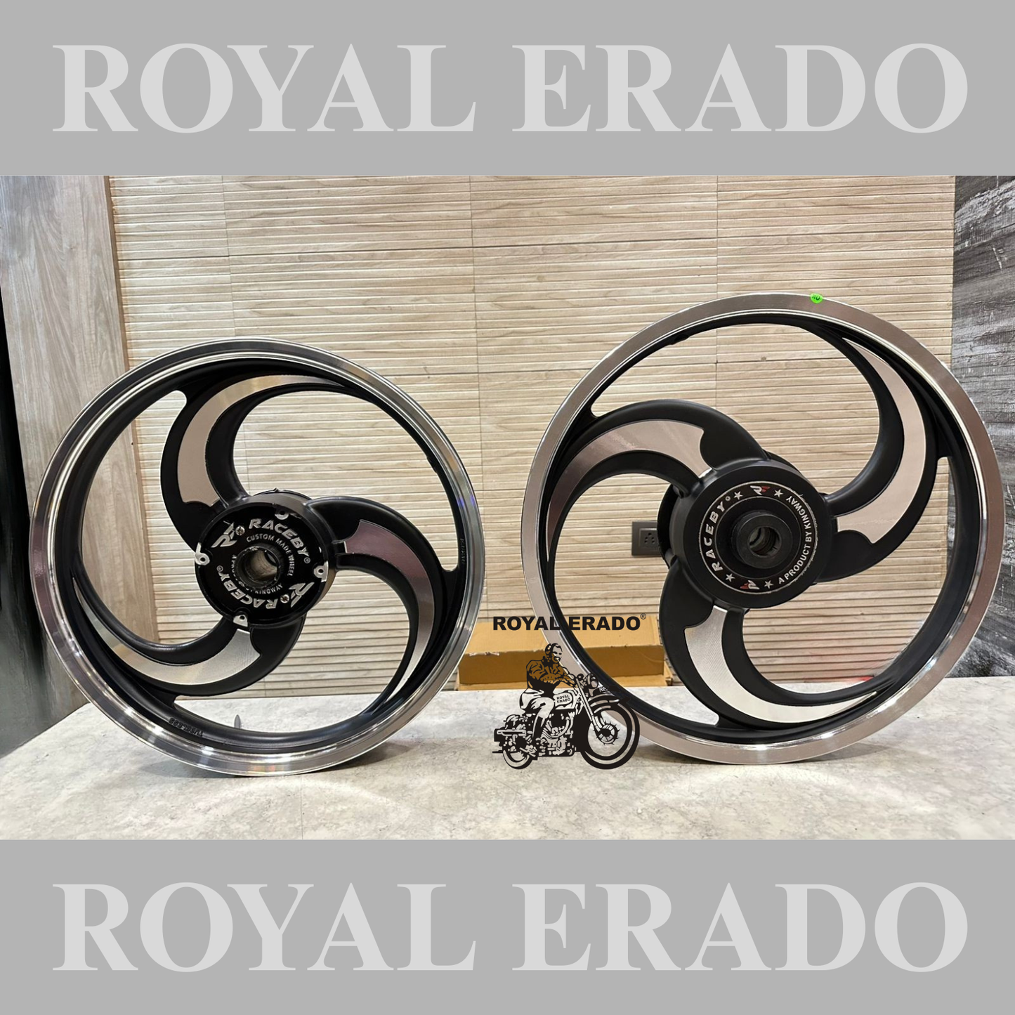 Raceby / kingway 3 S and 3 spoke Talwar Black alloy wheel for Royal Enfield classic single disc and standard 500cc ( front 19” disc & rear drum 18” )