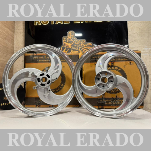 Kingway Raceby 3 spoke 3s talwar design cnc silver alloy wheel for Royal Enfield reborn classic and battalion new standard double disc after 2022 model (front 19” disc and rear disc 18)