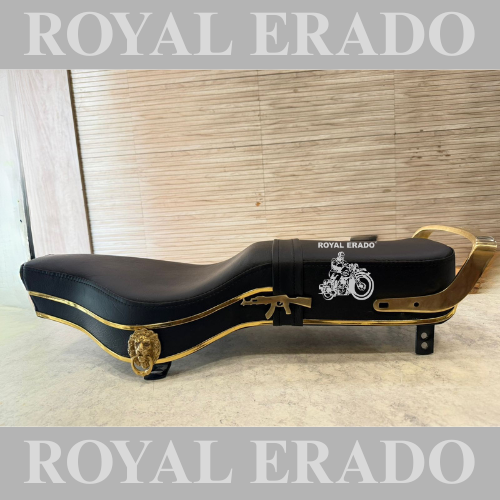Royal Enfield seat with brass lion and brass AK-47 rifle gun logo, and golden plastic beading for classic Electra Standard Battalion Reborn Classic and vintage G2 1962 old model Bullet 350.