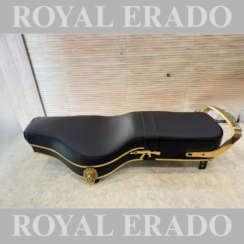 Royal Enfield seat with brass lion and brass AK-47 rifle gun logo, and golden plastic beading and brass seat handle backrest, New Standard Battalion and Reborn classic.