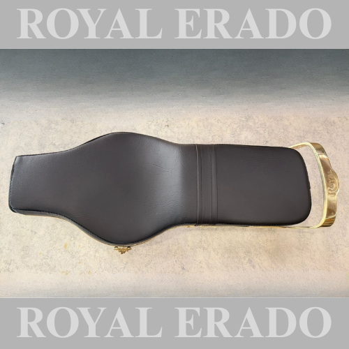 Royal Enfield seat with brass lion and brass AK-47 rifle gun logo, and golden plastic beading for classic Electra Standard Battalion Reborn Classic and vintage G2 1962 old model Bullet 350.