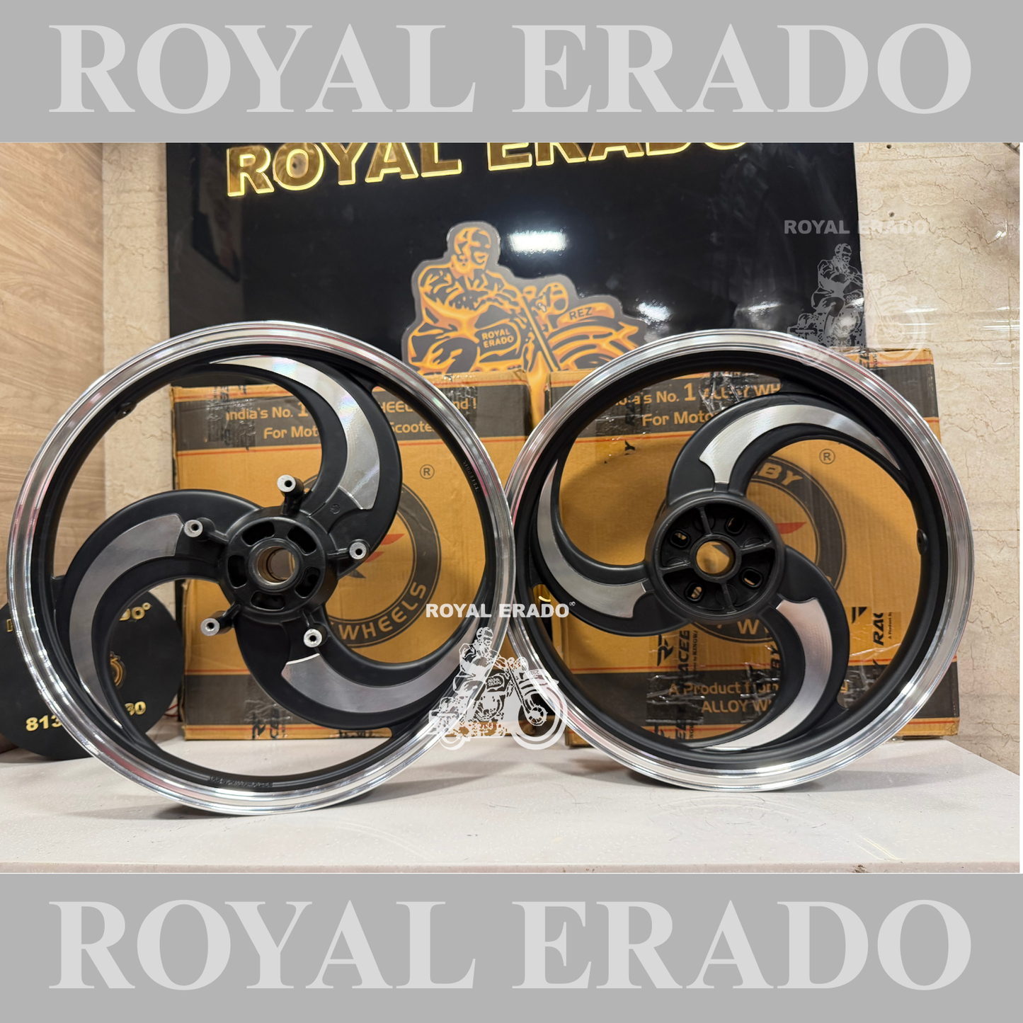 Raceby / Kingway 3S & 3 Spoke Talwar Black Alloy wheel for Royal Enfield reborn classic double disc and new standard battalion after 2022 model ( front 19” disc & rear disc 18” )