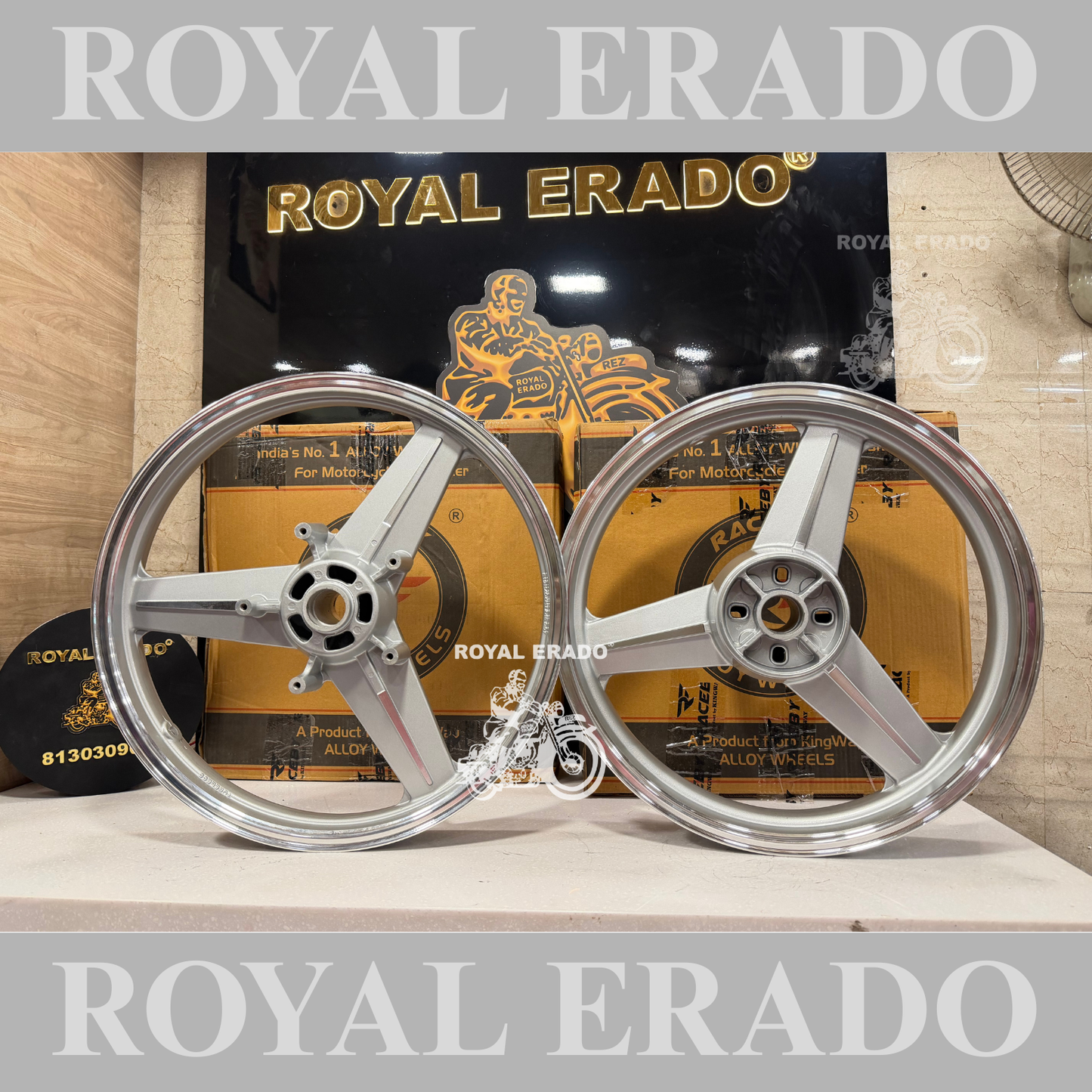 Raceby kingway Mercedes diamond silver alloy wheel Alloy wheel for Royal Enfield reborn classic double disc and new standard battalion after 2022 model ( front 19” disc & rear disc 18” )