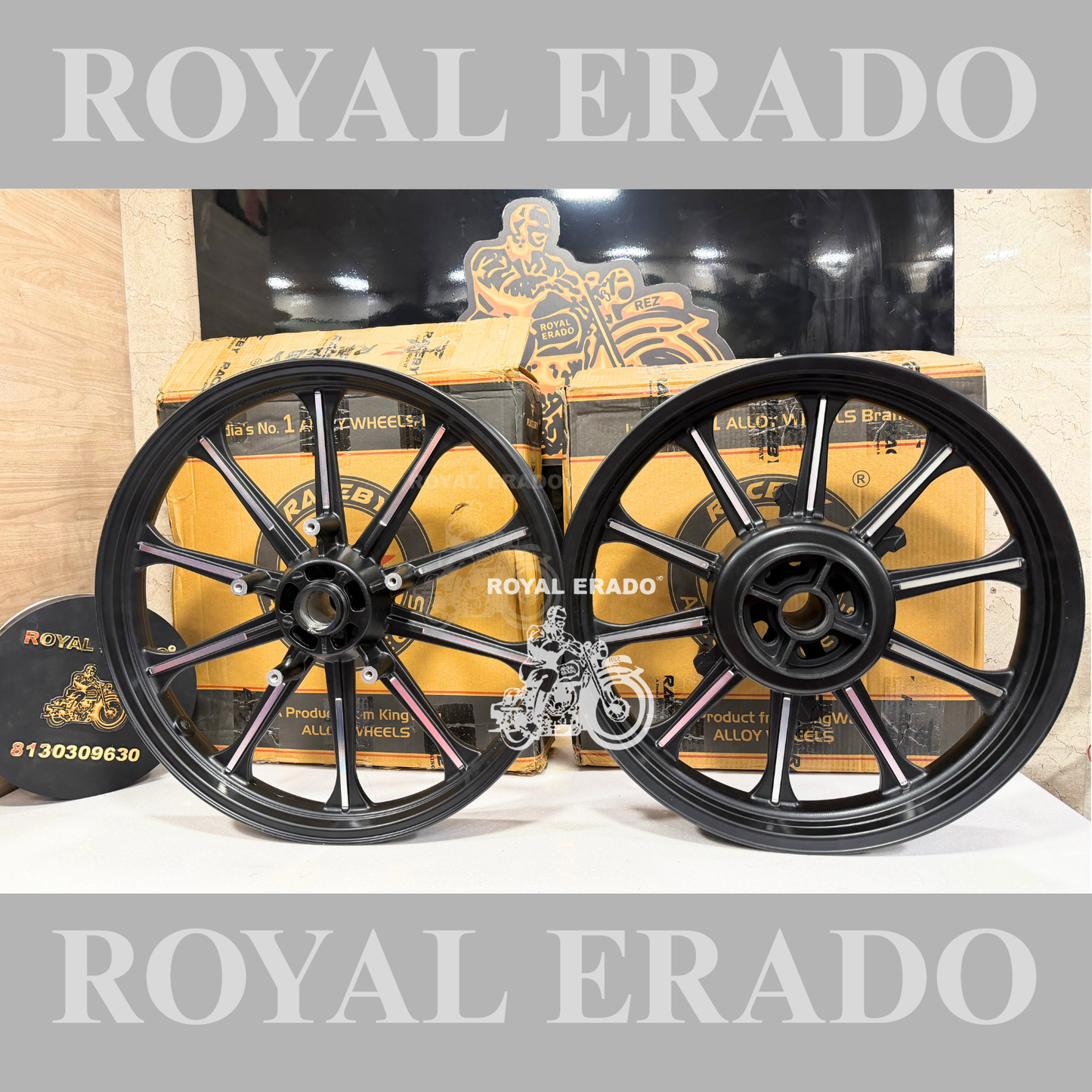 Raceby Kingway 10 spoke harley design Black Alloy wheel for Royal Enfield  reborn classic single disc and new standard battalion after 2022 model ( front 19” disc & rear drum 18” )