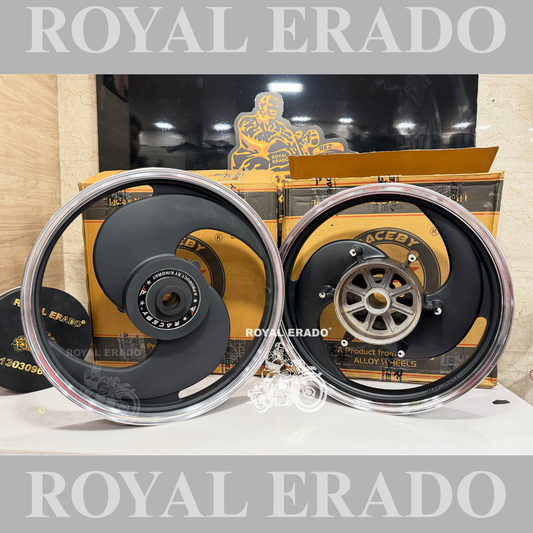 Kingway / raceby 2S broad S 2 Spoke Black Alloy wheel for Royal Enfield  reborn classic single disc and new standard battalion after 2022 model ( front 19” disc & rear drum 18” )