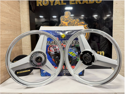Pajero MERCEDES SILVER Alloy Wheel set for Royal Enfield classic single disc and standard 500cc ( front 19” disc rear drum 18”)
