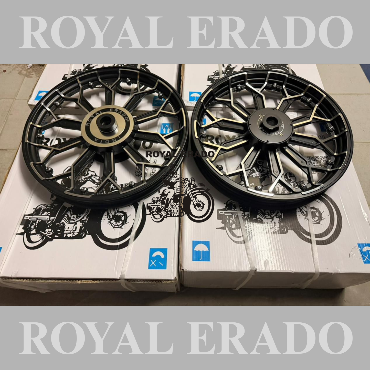 Royal Erado 5808 UV design Harley design Alloy Wheel set for Royal Enfield classic single disc and standard 500cc ( front 19” disc & rear drum 18” )