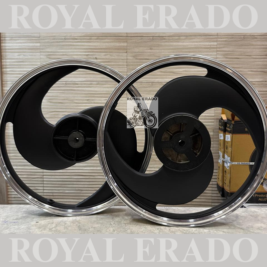 KINGWAY RACEBY 2 S Spokes S design Black Alloy Wheel Set BIG drum brake | For Splendor I3S N SPLENDOR PLUS N SPLENDOR PRO / hf deluxe / passion / passion pro / super splendor / hero Honda new model splendor (front 18” drum and rear 18” big drum)